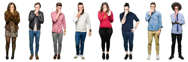 Collage Personer Över Vita Isolerade Bakgrund Lukta Något Illaluktande Och — Stockfoto