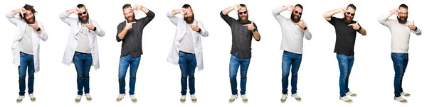 Collage Giovane Uomo Con Panino Sfondo Bianco Isolato Sorridente Facendo — Foto Stock
