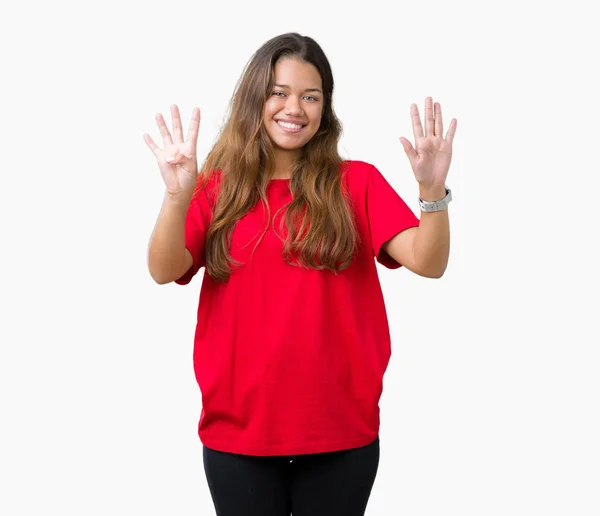 Μελαχρινή Νεαρή Όμορφη Γυναίκα Φορώντας Κόκκινο Shirt Πάνω Από Απομονωμένο — Φωτογραφία Αρχείου