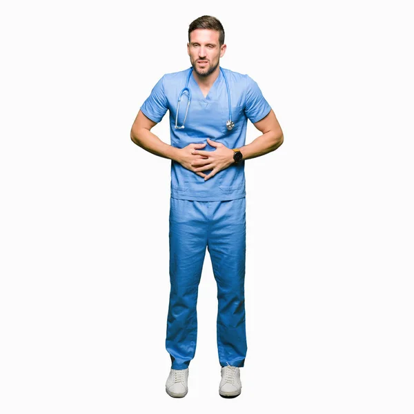 Homem Médico Bonito Vestindo Uniforme Médico Sobre Fundo Isolado Com — Fotografia de Stock