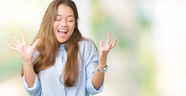 Jonge Mooie Brunette Zakenvrouw Geïsoleerd Achtergrond Vieren Gekke Gek Voor — Stockfoto