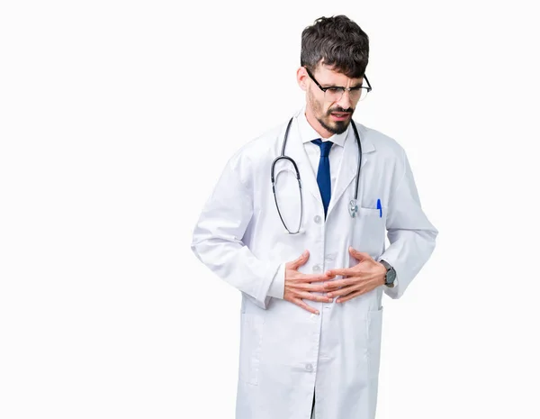 Young Doctor Man Wearing Hospital Coat Isolated Background Hand Stomach — Stock Photo, Image