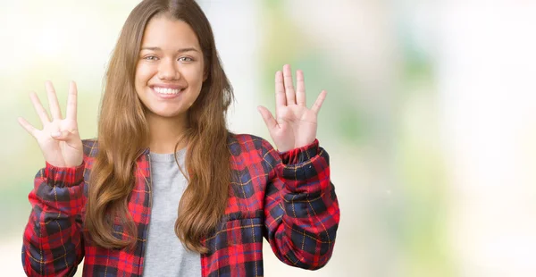 Młoda Piękna Kobieta Brunetka Sobie Kurtkę Białym Tle Wyświetlono Skierowaną — Zdjęcie stockowe