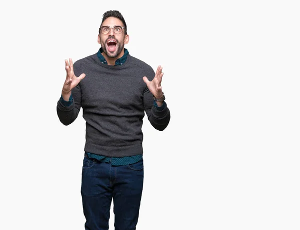 Joven Hombre Guapo Con Gafas Sobre Fondo Aislado Loco Loco — Foto de Stock