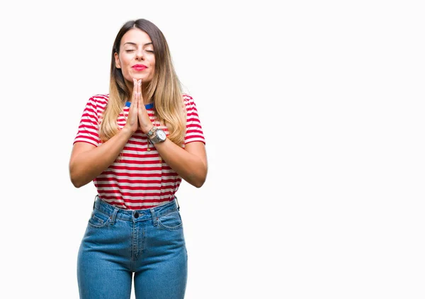 Joven Hermosa Mujer Casual Mirada Sobre Aislado Fondo Orando Con — Foto de Stock