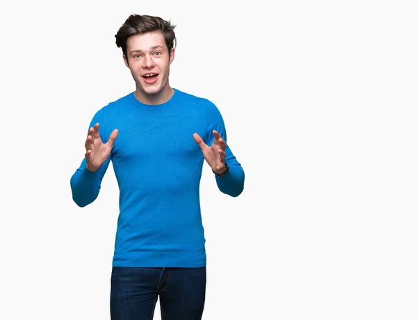 Jovem Homem Bonito Vestindo Camisola Azul Sobre Fundo Isolado Com — Fotografia de Stock