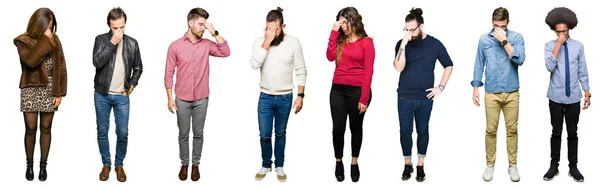 Collage Von Menschen Vor Weißem Isoliertem Hintergrund Die Sich Müde — Stockfoto