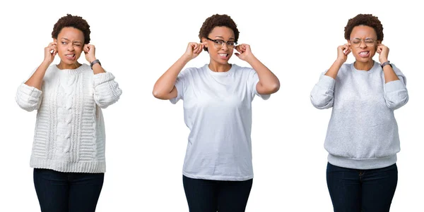 騒々しい音楽のノイズの腹式指で耳を覆う孤立した背景にアフロの髪の若いアフリカ系アメリカ人女性 聴覚障害者の概念 — ストック写真