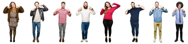 Collage People White Isolated Background Smiling Confident Showing Pointing Fingers — Stock Photo, Image