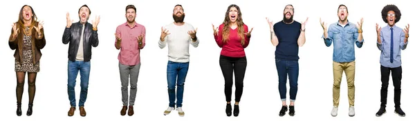 Collage People White Isolated Background Crazy Mad Shouting Yelling Aggressive — Stock Photo, Image