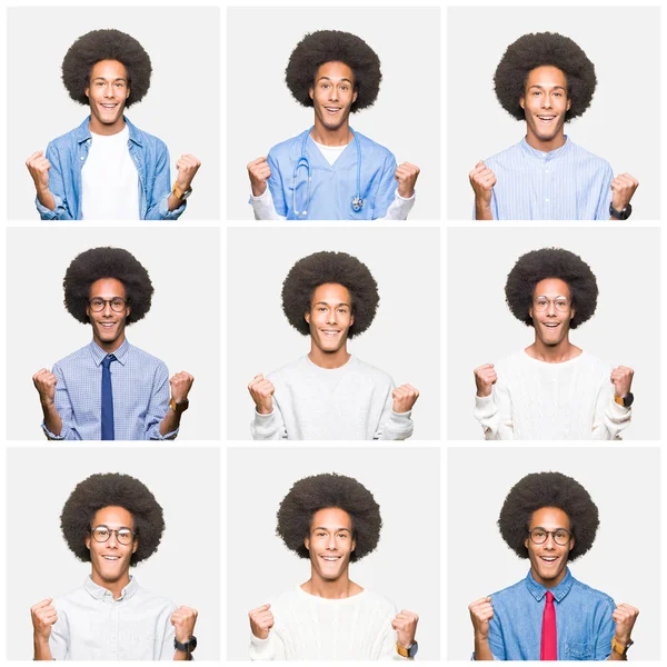 Collage of young man with afro hair over white isolated background celebrating surprised and amazed for success with arms raised and open eyes. Winner concept.