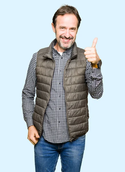 Middle Age Handsome Man Wearing Winter Vest Doing Happy Thumbs — Stock Photo, Image