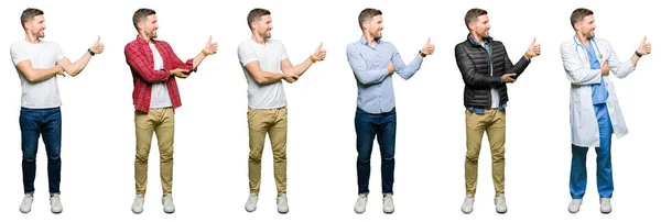 Collage Attractive Young Man White Isolated Background Looking Proud Smiling — Stock Photo, Image
