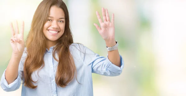 Jonge Mooie Brunette Zakenvrouw Geïsoleerde Achtergrond Weergeven Met Vingers Omhoog — Stockfoto