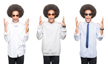 Kızgın ve silah ile başarı için deli kutluyor beyaz izole arka plan üzerinde afro saçlı Genç adam kolaj kaldırdı ve heyecanlı çığlık gözler kapalı. Kazanan kavramı