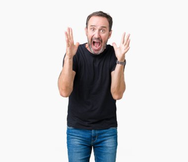 Yakışıklı orta yaş ağarmış üst düzey adam deli kutluyor arka plan izole ve başarı için kaldırdı kollarını açarak hayrete ve heyecanlı çığlık gözleri açık. Kazanan kavramı