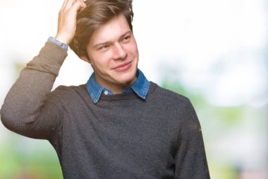 İzole arka plan üzerinde genç yakışıklı zarif adam karıştırır ve soru hakkında merak ediyorum. Şüphe ile belirsiz, baş el ile düşünme. Pensive kavramı.