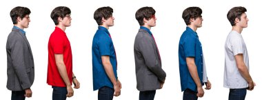 Kolaj genç adam beyaz bir arka plan tarafına bakarak izole, doğal yüz emin gülümseme ile pozuyla profil sakin ol.