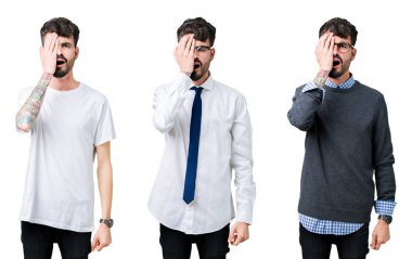 İzole arka plan üzerinde genç adam kolaj yorgun kapsayan yarım yüz, göz ve ağız el ile. Yüz acı acıyor.