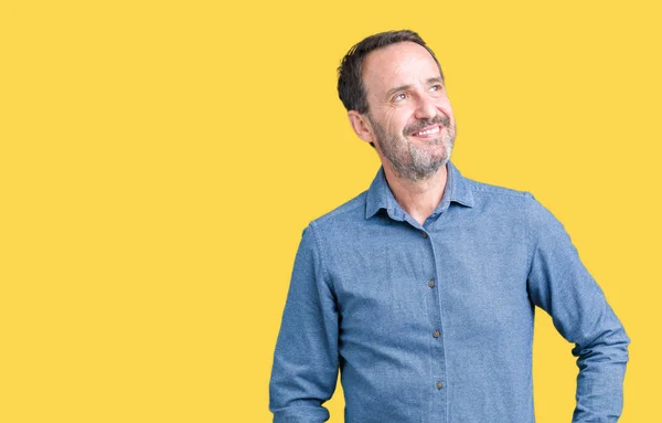 Bonito Homem Meia Idade Elegante Sênior Sobre Fundo Isolado Sorrindo — Fotografia de Stock