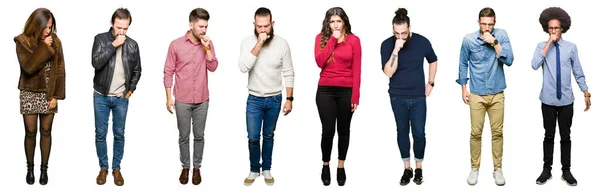 Collage Personas Sobre Fondo Blanco Aislado Sintiéndose Mal Tosiendo Como —  Fotos de Stock