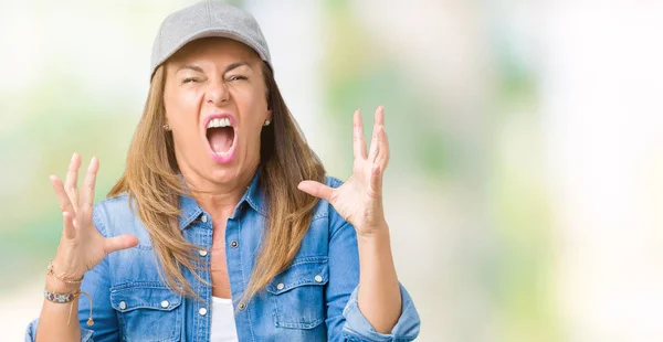 Beautiful Middle Age Woman Wearing Sport Cap Isolated Background Crazy — Stock Photo, Image