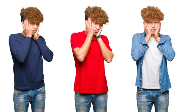 Collage Hombre Joven Con Diferentes Miradas Sobre Fondo Blanco Aislado —  Fotos de Stock