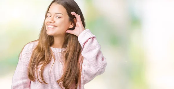 Bir Işitme Söylenti Dedikodu Için Dinleme Kulak Üzerinde Ile Gülümseyen — Stok fotoğraf