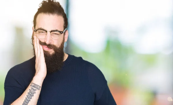 Young Hipster Man Long Hair Beard Wearing Glasses Touching Mouth — Stock Photo, Image