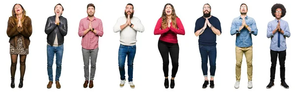 Collage People White Isolated Background Begging Praying Hands Together Hope — Stock Photo, Image