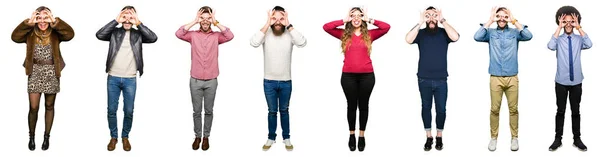 Colagem Pessoas Sobre Fundo Isolado Branco Fazendo Gesto Como Binóculos — Fotografia de Stock