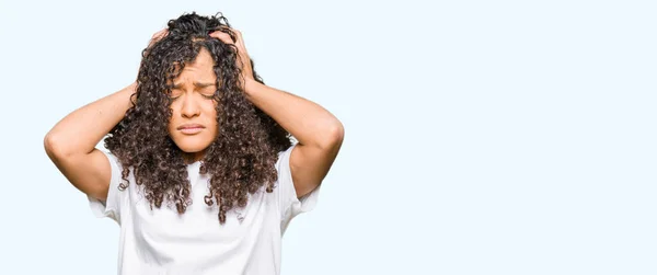 Young Beautiful Woman Curly Hair Wearing White Shirt Suffering Headache — Stock Photo, Image