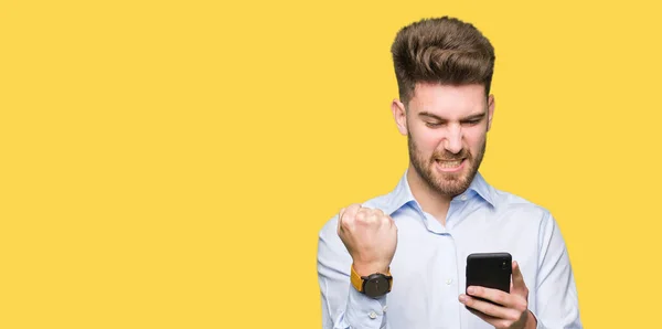 Young Handsome Man Business Using Smartphone Annoyed Frustrated Shouting Anger — Stock Photo, Image