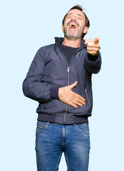 Middle Age Handsome Man Wearing Jacket Laughing You Pointing Camera — Stock Photo, Image