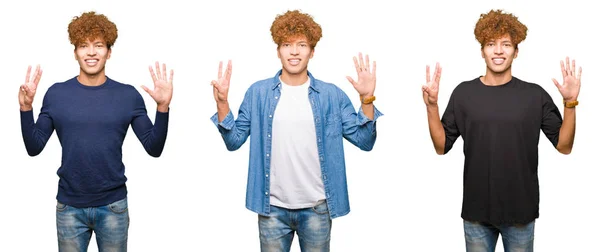 孤立した白い背景の上に巻き毛を持つ若い男性のコラージュは 指で自信を持って 幸せに笑いながら8番を示しています — ストック写真
