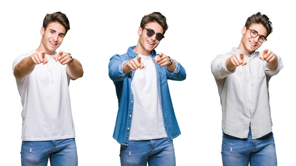 Collage Eines Jungen Gut Aussehenden Mannes Mit Sonnenbrille Vor Isoliertem — Stockfoto