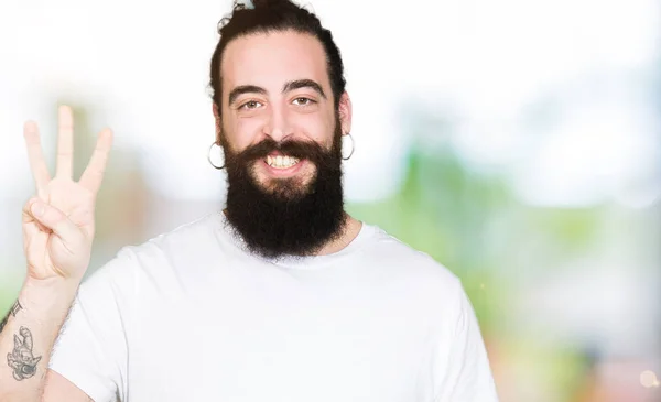 Young Hipster Man Long Hair Beard Wearing Casual White Shirt — Stock Photo, Image