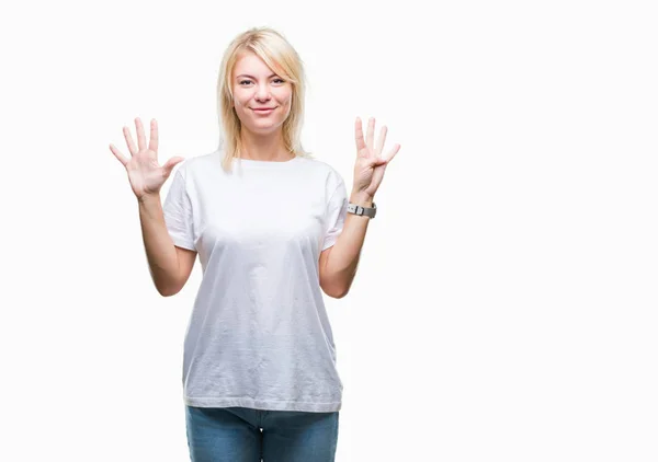 Young Beautiful Blonde Woman Wearing White Shirt Isolated Background Showing — Stock Photo, Image