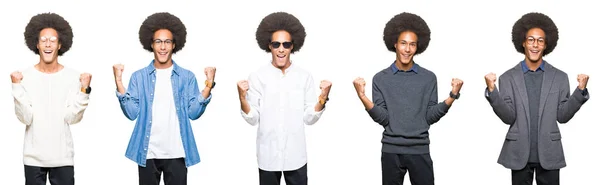 Colagem Jovem Com Cabelo Afro Sobre Fundo Isolado Branco Comemorando — Fotografia de Stock