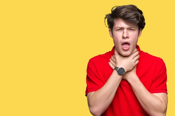 Young Handsome Man Wearing Red Shirt Isolated Background Shouting Suffocate — Stock Photo, Image