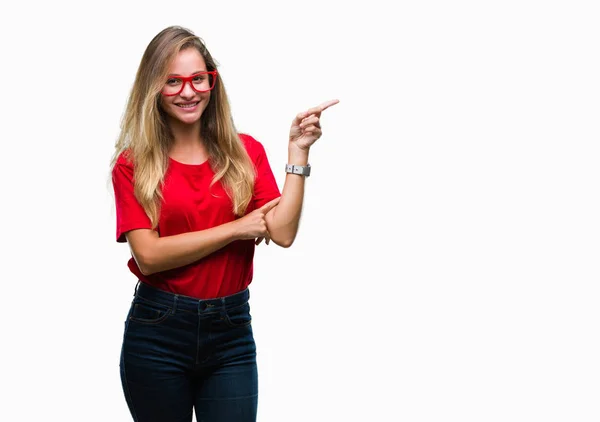 Joven Mujer Rubia Hermosa Con Gafas Sobre Fondo Aislado Con —  Fotos de Stock