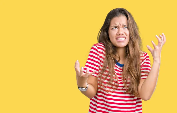 Junge Schöne Brünette Frau Gestreiften Shirt Über Isoliertem Hintergrund Verrückt — Stockfoto