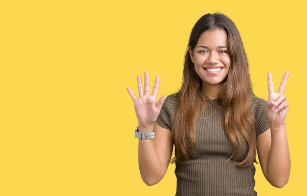 Joven Hermosa Morena Sobre Fondo Aislado Mostrando Apuntando Hacia Arriba — Foto de Stock