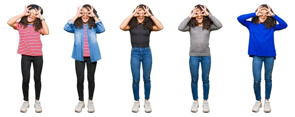 Collage Hermosa Mujer Joven Con Pelo Rizado Sobre Fondo Blanco — Foto de Stock