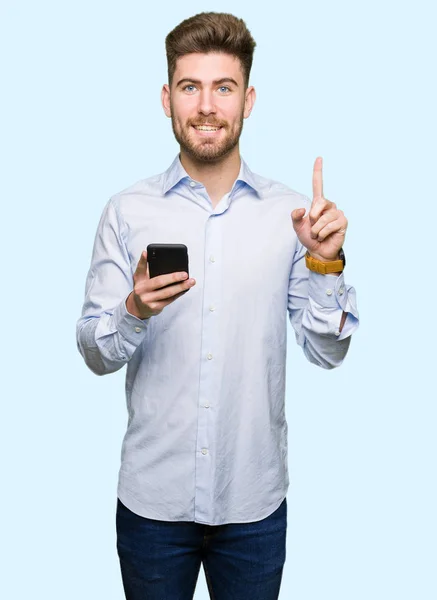 Young Handsome Man Business Using Smartphone Surprised Idea Question Pointing — Stock Photo, Image