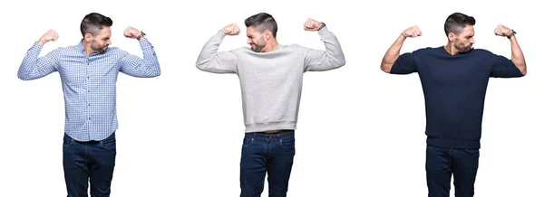 Kolaż Przystojnego Człowieka Biznesu Białym Białym Tle Pokazując Ramiona Mięśnie — Zdjęcie stockowe
