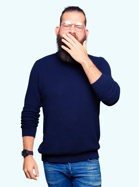 Young Blond Man Wearing Glasses Turtleneck Sweater Bored Yawning Tired — Stock Photo, Image