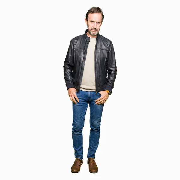 Middle Age Handsome Man Wearing Black Leather Jacket Skeptic Nervous — Stock Photo, Image