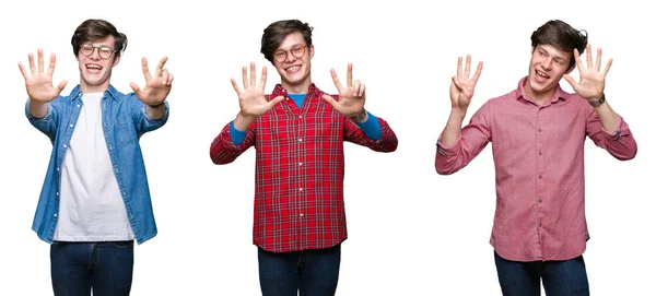 Collage Young Man White Isolated Background Showing Pointing Fingers Number — Stock Photo, Image