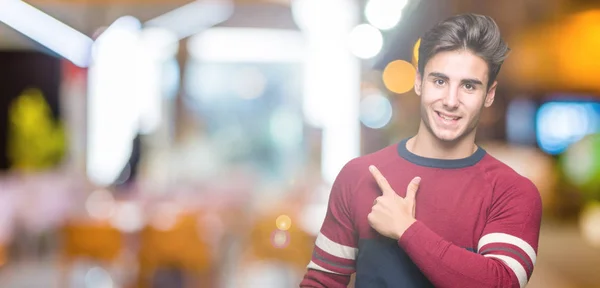 Young Handsome Man Isolated Background Cheerful Smile Face Pointing Hand — Stock Photo, Image